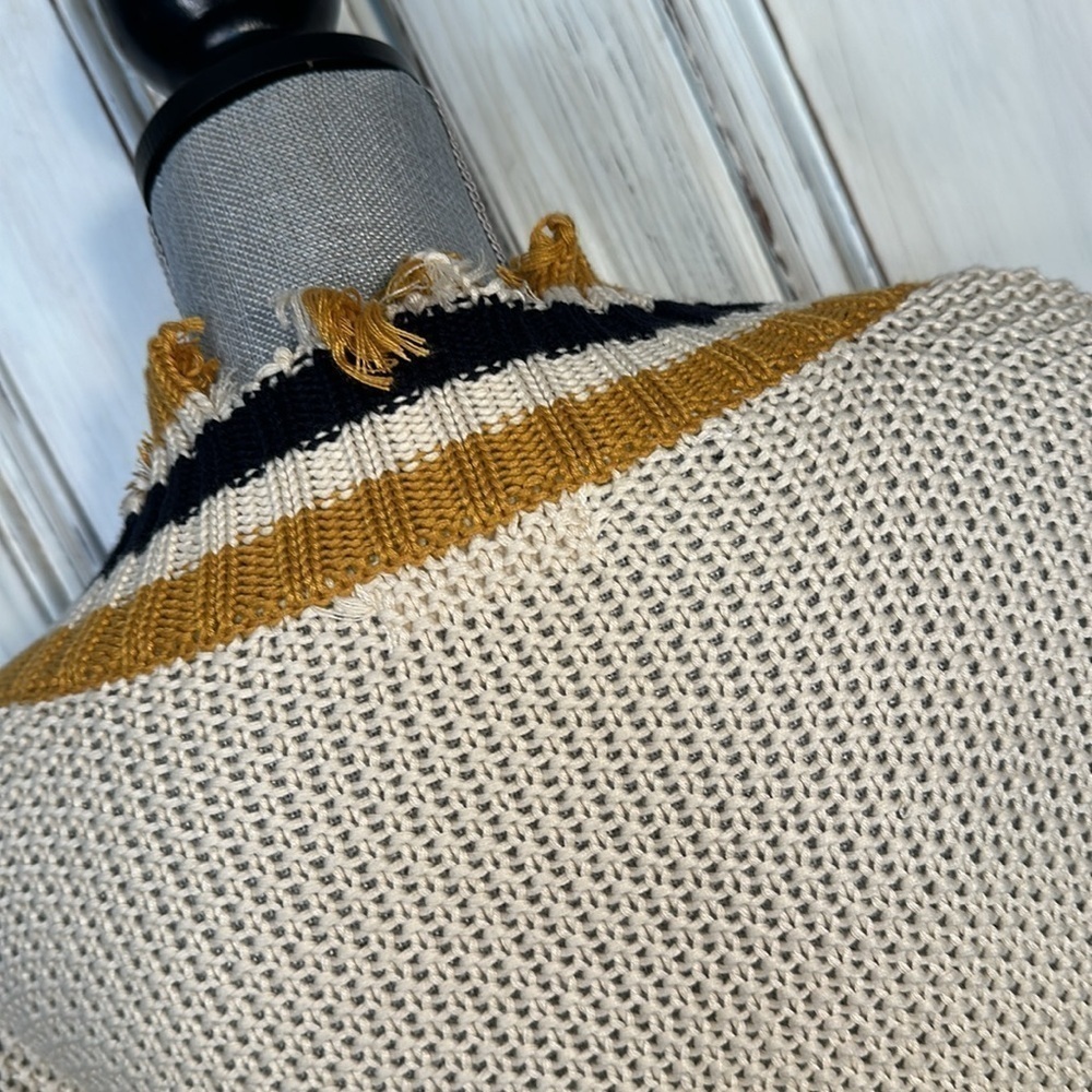 Elan Deep V Neck Distressed Preppy Open Knit Gold Black Cream Pullover Sweater - Picture 10 of 13